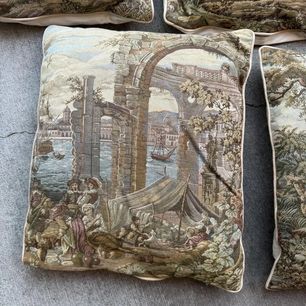 Set 5 Vintage European Tapestry Throw Pillows 16x16 Scenic Italy Decor